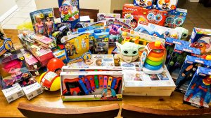 Desk full of toys for local charities