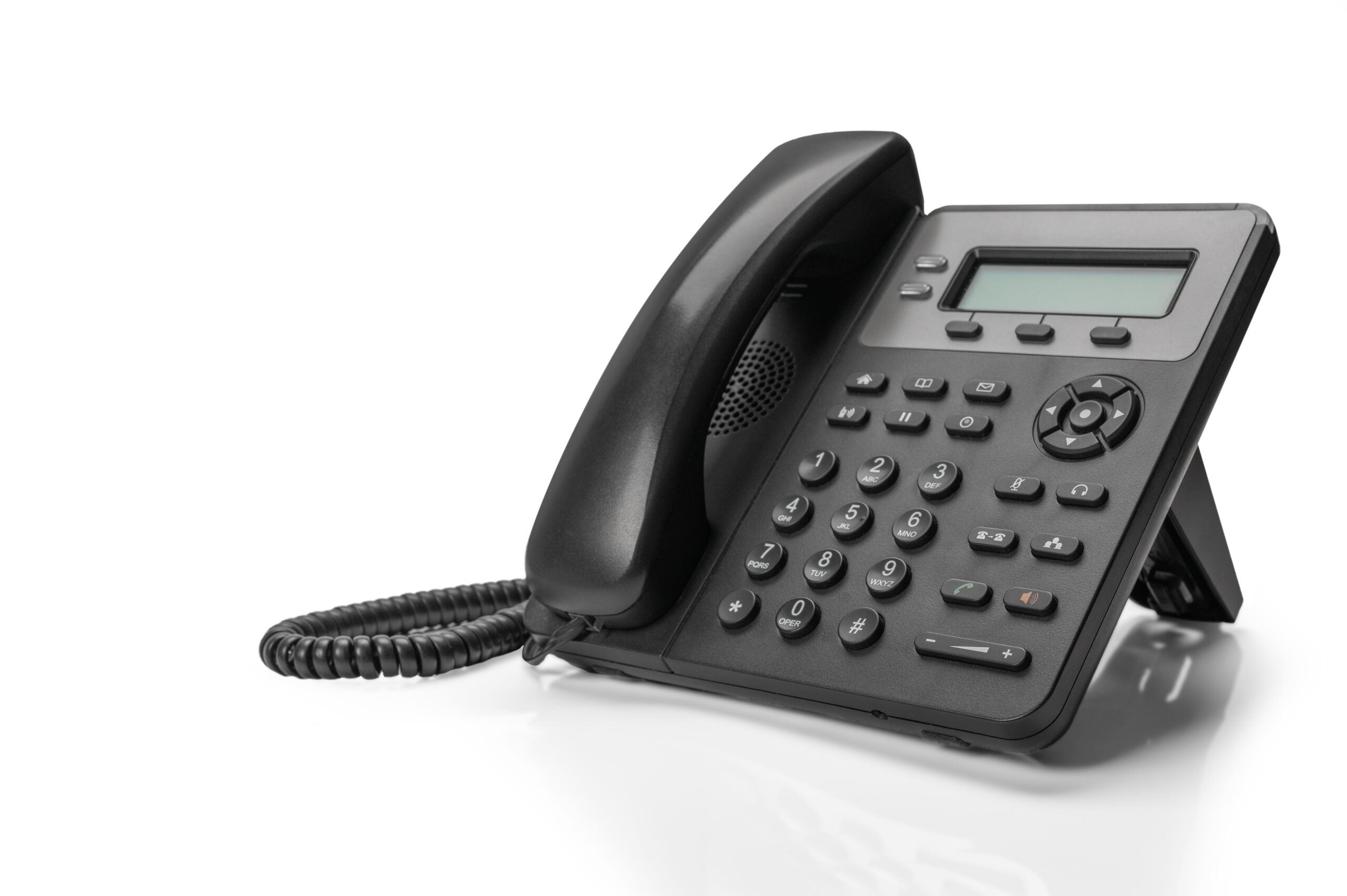 Black office desk phone with buttons and a digital display.