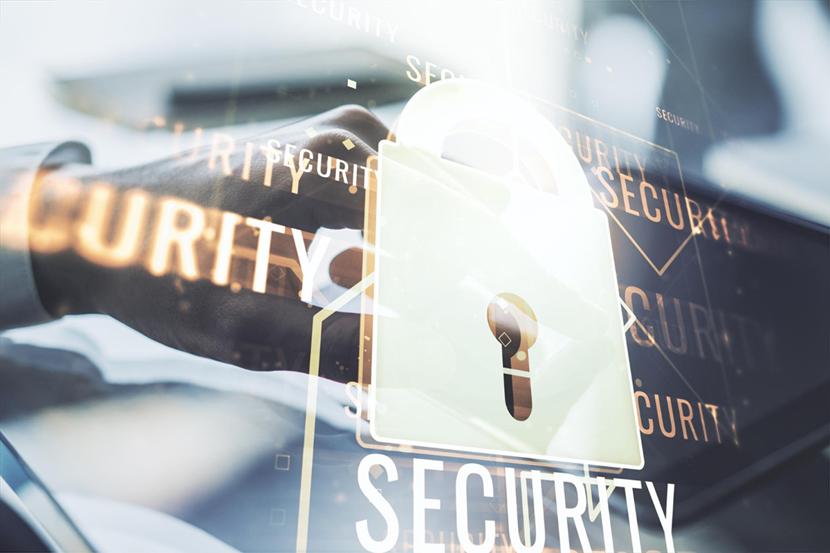 A close-up of a hand interacting with a digital security lock and the word "SECURITY" displayed in the background,